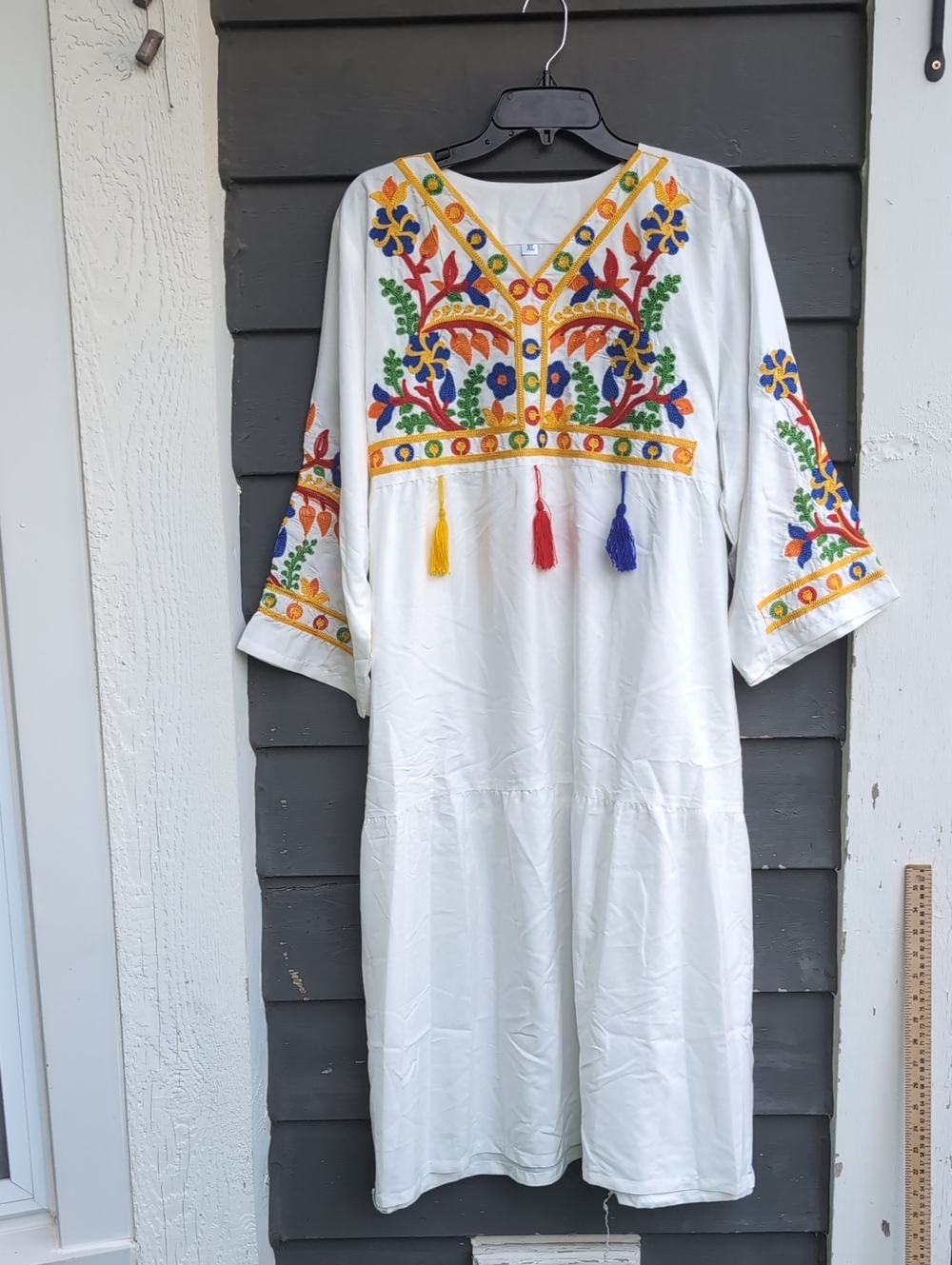 Embroidered White Boho Midi Dress with Colorful Tassels Size XL
